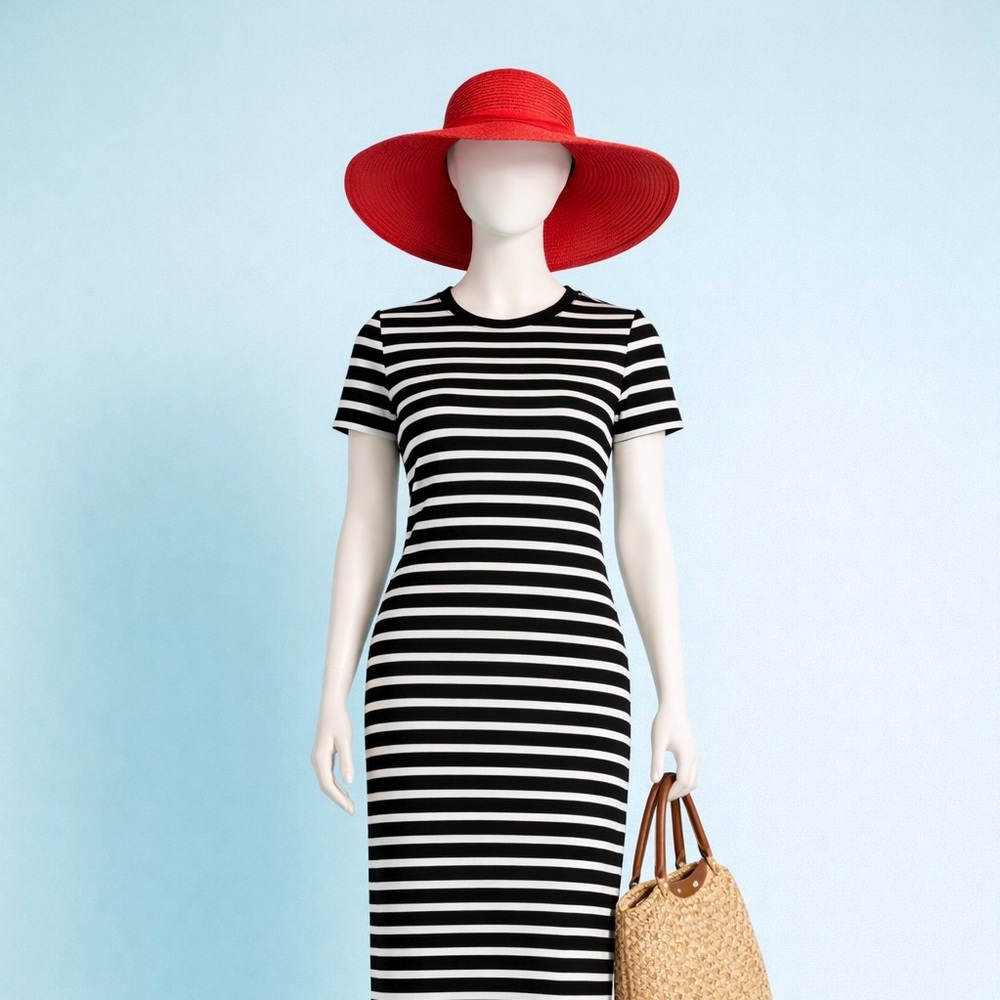 Talbots Black & White Striped Short-Sleeve Maxi Dress